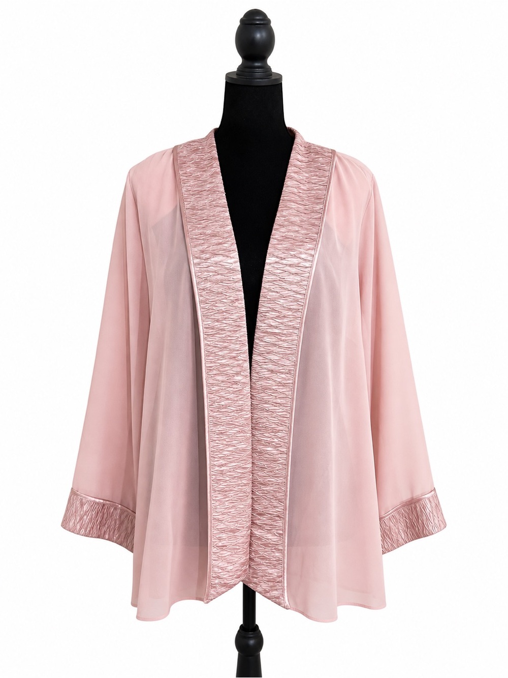 Vintage Dana Kay Blush Pink Sheer Kimono Robe with Satin-Textured Trim